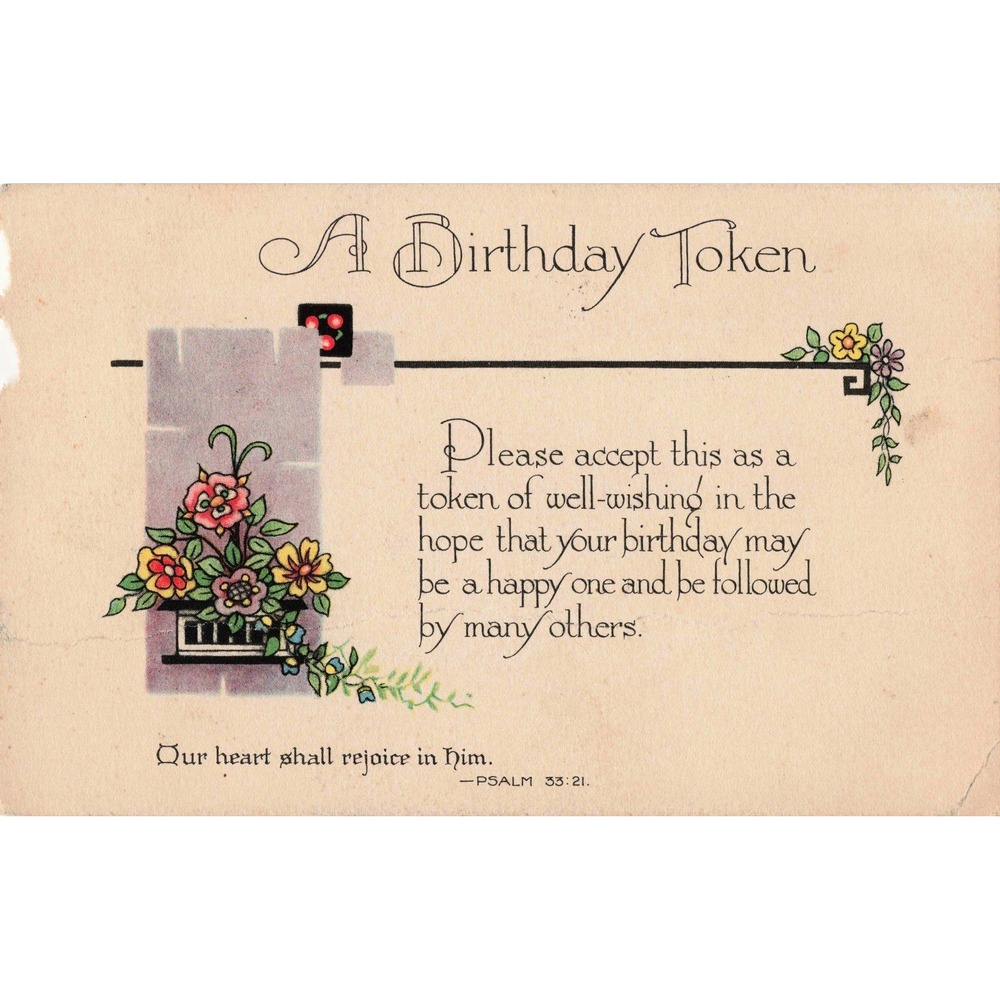 Vintage Birthday Postcard 1936 Psalm 33:21 Floral Canton Ohio Postmark